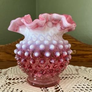 Vintage Fenton Cranberry Opalescent Hobnail Ruffled Vase – 5” MCM